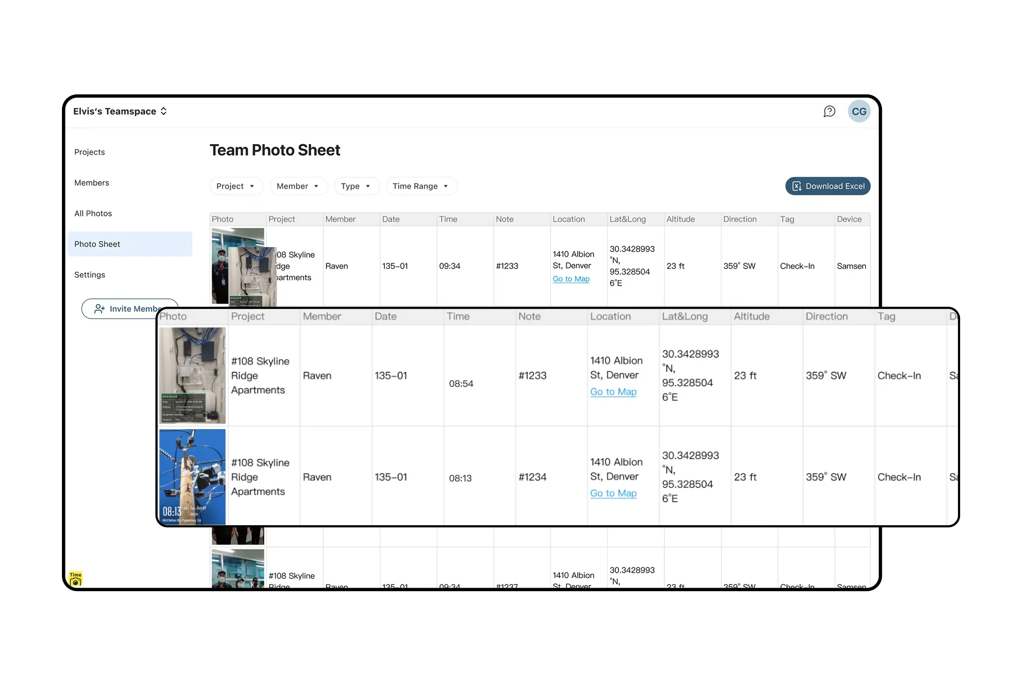Teamspace interface showing jobsite photos for field service task tracking