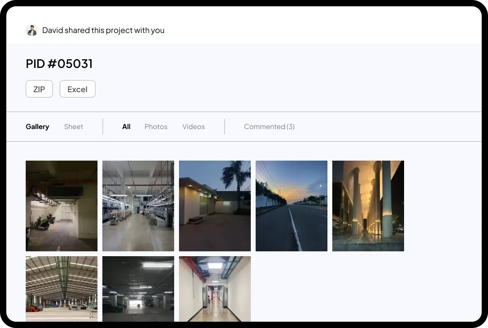 Photo sheet with gallery and sheet view options for survey data documentation